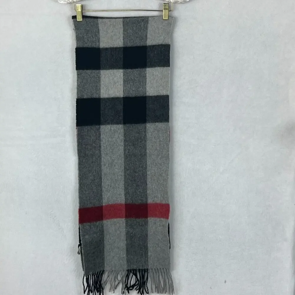 Bytu Collection 100% Wool Mens Plaid Scarf Gray Fringed